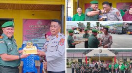 Foto terlihat Danramil Kota Lettu Inf Romel Kamea berikan Potongan kue ke AKP Muh Asdar ini bentuk sinergitas TNI-POLRI di hut bhayangkara ke 79 