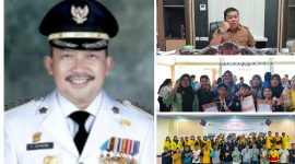 Foto Bupati Ir H Amirudin bersama Kadisdikbud Safrudin Hinelo dan para siswa peraih medali perak