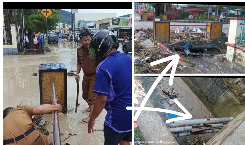 Foto Saat Banjir Camat Luwuk Ridwan Polopa dan Stafnya turun langsung atasi penyebab banjir. Pipa PDAM