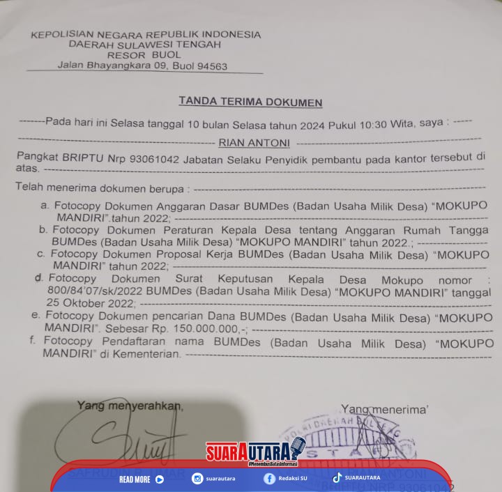 Dana Penyertaan Rp.150Juta BUMDes Mokupo untuk Usaha Somel Raib, Pemdes Lapor ke Polres Buol