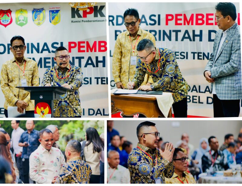 Foto Bupati Ir H.Amirudin dan Ketua Dprd Banggai H.Sarifudin Tjatjo.SH lakukan tanda tangan di saksikan Ketua KPK-RI serat Gubernur Sulteng Bersalaman dengan Bupati