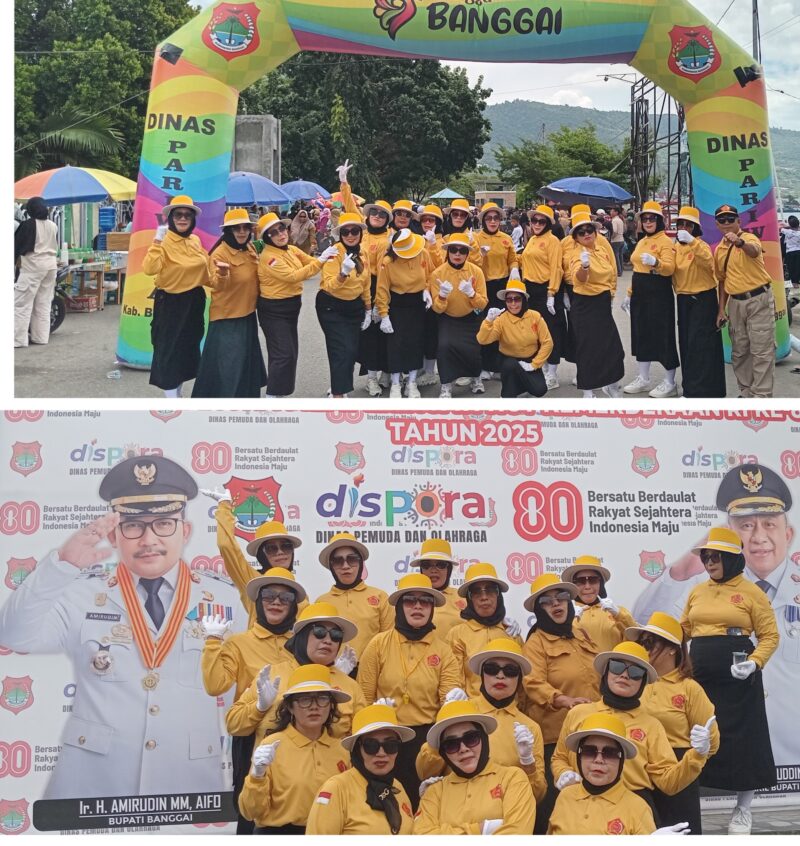Foto Kadispora sedang menerima tim regu gerak jalan Srikandi Panca Marga serta Ketua PPM Banggai Benyamin Pongdatu