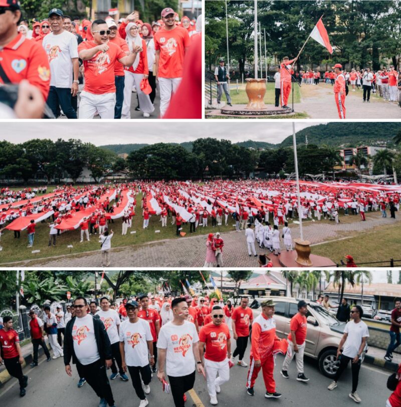 Foto Bupati Ir.H.Amirudin Dan Wabup Drs H.Furqanuddin menyatu bersama peserta kirab serta unsur Forkopimda sambut HUT Ke 80 RI Menuju Indonesia emas