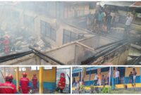 Foto Tampak ruang Kelas yang Hangus Terbakar serta petugas Damkar sedang Lakukan pemadaman serta Tim Dari Dinas Pendidikan turun ke lokasi