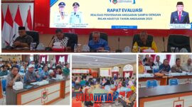 Foto Wabup Banggai Drs.H Furqanuddin.MM saat Buka Rapat Evaluasi anggaran 2025 di damping Sekda Moh.Ramli Tongko, Asisten II Mujiono lasitata.SH.M.H, Kabag Bipram Mulsandi.ST.