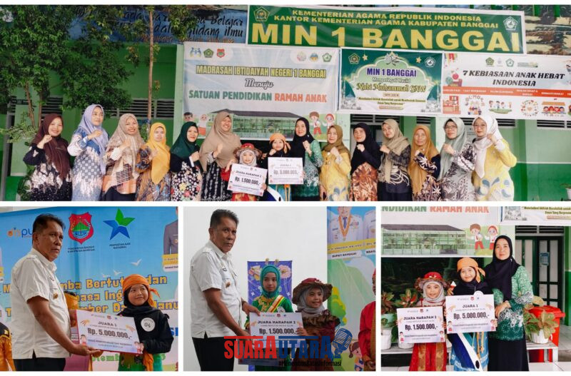 Foto Kadis Perpustakaan dan Kebudayaan Benyamin Pongdati bersama Kabid pengembangan Masri serahkan piagam Juara 1 dan 2 pada siswa MIN 1 Banggai serta para Kepsek serta guru 