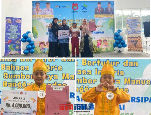 Foto siswa Aulia Rizky Abizar Muzamil, siswa kelas 5 SDIT Madani Luwuk, yang tampil percaya diri dengan bimbingan Fatma Simaa, S.Pd serta didampingi guru pendamping Zulmawati dan Tasya Kamila, bersama Kepala Sekolah Vebri Oktavina.