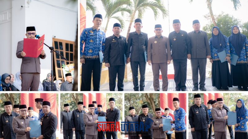 Bupati Ir.H.Amirudin.MM serahkan SK Plt dapada Lima pejabat dan di damping Sekda Moh.Ramli Tongko serta Plt Kaban BKD Safrudin Hinelo.S.STP.M.Si