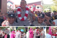 foto istimewa : Anggota Junjung AKBP Putu menuju pintu Gerbang dan Saat Bersalama dengan Kasi Propam AKP Rudi bersama Kasat  Samapta AKP Jimyarto Anasim