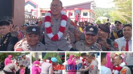 foto istimewa : Anggota Junjung AKBP Putu menuju pintu Gerbang dan Saat Bersalama dengan Kasi Propam AKP Rudi bersama Kasat  Samapta AKP Jimyarto Anasim