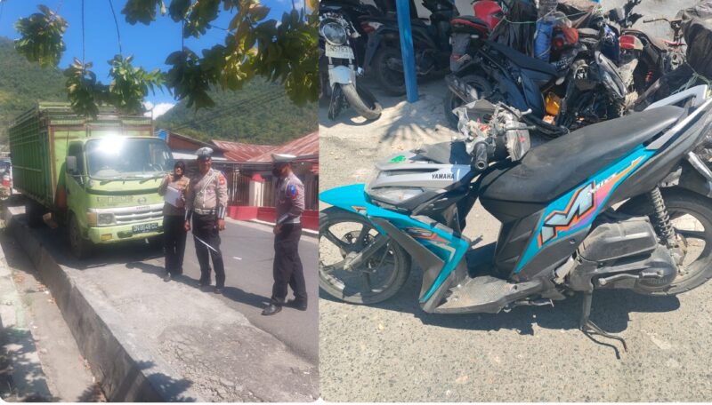 foto istimewa : Barang bukti motor dan mobil truk yang memakan korban pengendara meninggal dunia 