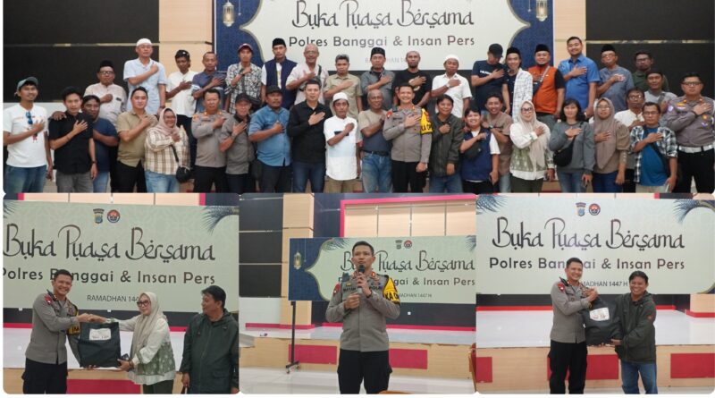 foto istimewa : Kapolres AKBP Wayan Serakan Bingkisan Pada Ketua PWI Banggai Abdul Saleh dan perwakilan Awak media Wanita Dewi Qomariah serta para sejumlah awak media yang hadir