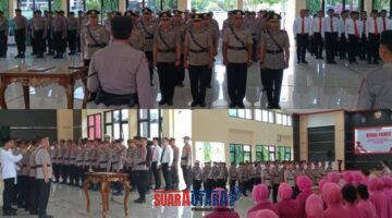 foto istimewa : Kapolres banggai AKBP Wayan Wayracana Aryawan.S.I.K memimpin Serah terima jabatan dari Kabag OPS Kapolsek Bunta,Kapolsek Nuhon,Kapolsek Pagimana, Kapolsek Lamala,Dan Kasat Sabhara  serta Kasi Propam 