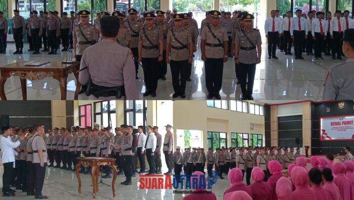 foto istimewa : Kapolres banggai AKBP Wayan Wayracana Aryawan.S.I.K memimpin Serah terima jabatan dari Kabag OPS Kapolsek Bunta,Kapolsek Nuhon,Kapolsek Pagimana, Kapolsek Lamala,Dan Kasat Sabhara serta Kasi Propam