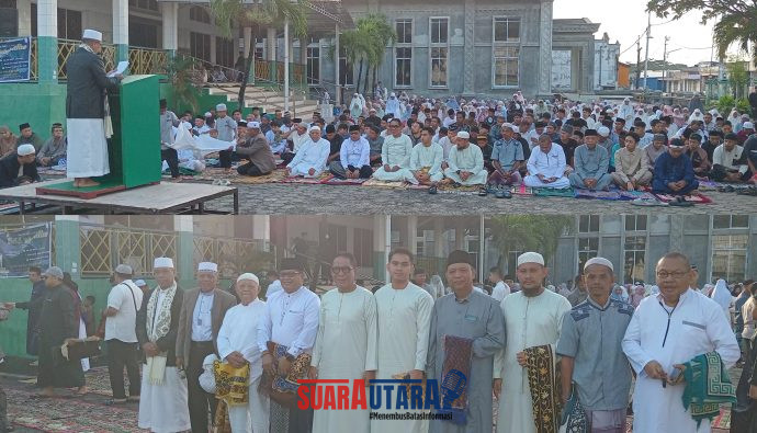 foto istimewa : Khatif disholat idul Adha Ustad Asri Abasa yang juga menjabat sebagai Sekretaris Masjid Agung. Bersama Ketua DPRD Banggai Sarifudin Tjatjo.SH  dan Staf Ahli Bupati Bidang Pemerintahan, Hukum, dan Politik, Alfian Djibran