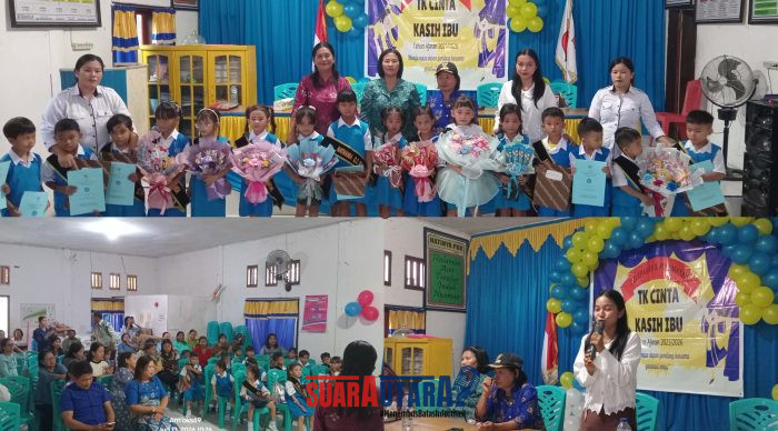 foto istimewa : Tampak Kades Honbola Berikan Ijazah pada anak TK Cinta Kasih Ibu di dampingi Kepseknya 