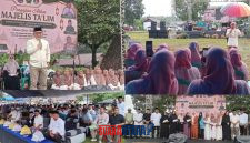 foto istimewa : Bupati Banggai Ir H.Amirudin.SP.MP.MM saat berikan sambutan dan Ustadz Abey Ghifran  dan Camat toili barat berikan santunan Bupati pada ketua Majelis Taklim serta anggota DPRD Banggai Helton Hamid.