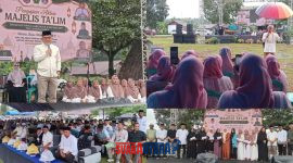 foto istimewa : Bupati Banggai Ir H.Amirudin.SP.MP.MM saat berikan sambutan dan Ustadz Abey Ghifran  dan Camat toili barat berikan santunan Bupati pada ketua Majelis Taklim serta anggota DPRD Banggai Helton Hamid.