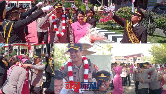 foto istimewa : AKBP Wayan Wayracana Aryawan.S.I.K bersama Nyonya Made Masuk dalam Barisan Pedang Pora di Dampingi Kapolresta Banggai Kombes Pol Hendri Yulianto.S.I.K.M.H bersama nyonya dan AKBP Wayan popong menuju mobil