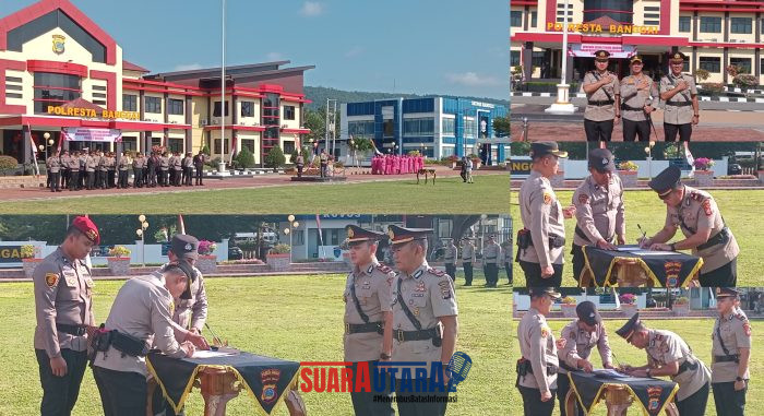 foto istimewa : Kapolresta banggai Kombes Pol Hendri Yulianto.S.I.K.M.H Saat Pimpin Sertijab Kasatintelkan polresta banggai dari Iptu Muh. Ruhil Newton Sugiarto pada pejabat Baru AKP Usman.SH