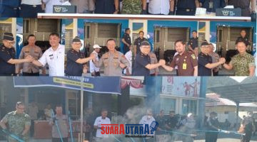 foto istimewa : Kepala Bea Cukai,Aldi Kapolresta,Kejaksaan negeri banggai, Dandim 1308/LB, Dan PN gelar pemurnahan BB Rokok minuman Ilegal.