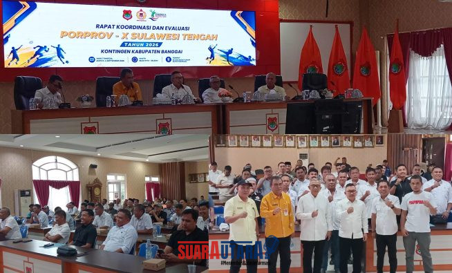 foto istimewa : Ketua Koni Banggai Ir H.Amirudin.SP.MP.MM saat Buka Rapat Koni persiapan menuju Porprov XMorowali sulteng didampingi Wabup Drs H Furqanuddi.MM bersama Sekda dan Kadispora