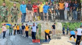 foto istimewa : Kapolsek Lamala Iptu I Wayan sukarman bersama unsur Forkopimcam lamala ikut bersihkan pinggiran jala dan tambah lubang
