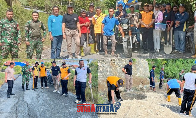 foto istimewa : Kapolsek Lamala Iptu I Wayan sukarman bersama unsur Forkopimcam lamala ikut bersihkan pinggiran jala dan tambah lubang