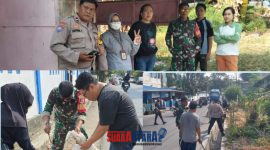 foto tampak Babinsa dan Bhabinkamtibmas lakukan kerja bakti 
