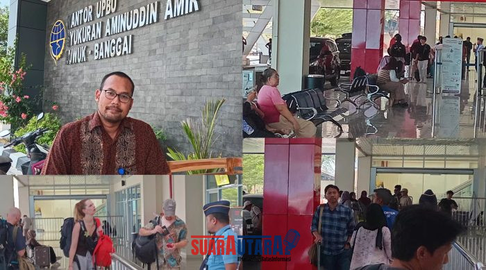 foto istimewa : Kepala Seksi Jasa Kerja Sama Kantor Unit Penyelenggara Bandar Udara (UPBU) Kelas II Syukuran Aminuddin Amir Luwuk, Eko Budi Haryono dan kondisi para penumpangbtujuan makassar dan manado