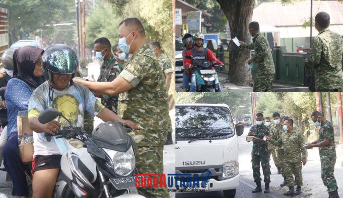 foto istimewa  : Dandim 1308/LB Letkol Inf Cepi  turun langsung Bagikan Masker pada Masyarakat yang melintas di depan Kodim